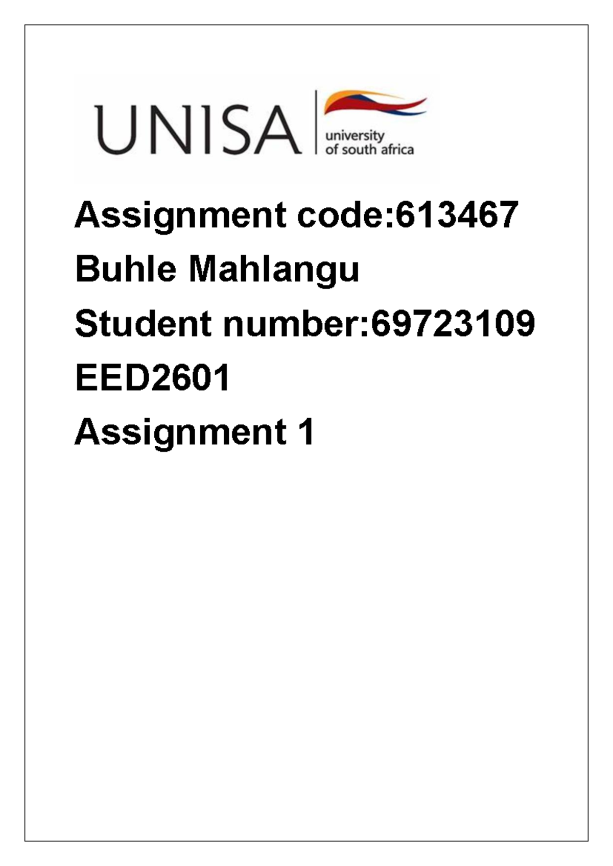 EED2601 Assignment 1 1 - Buhle Mahlangu Assignment code: Student number ...