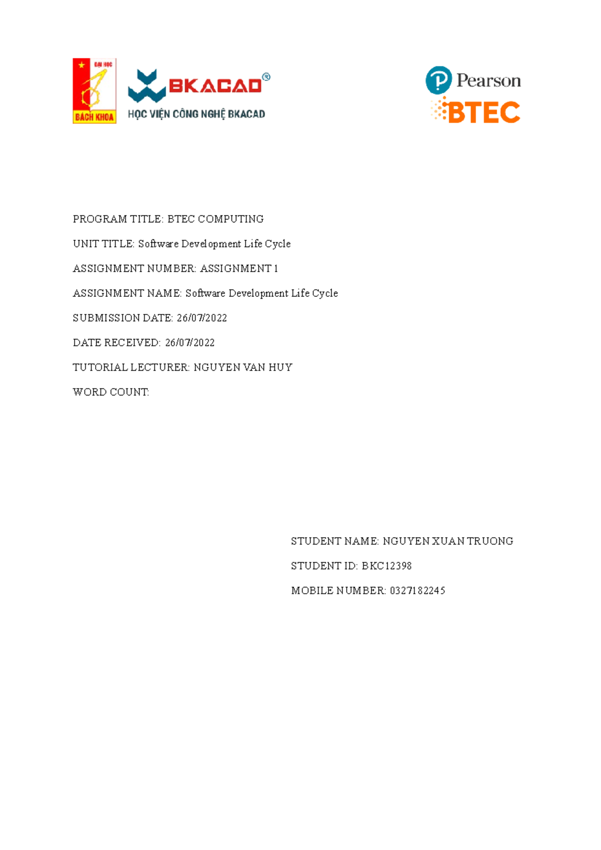 Assignment Cover Page - FKJCFKDKshsgsgsgsgs - PROGRAM TITLE: BTEC ...