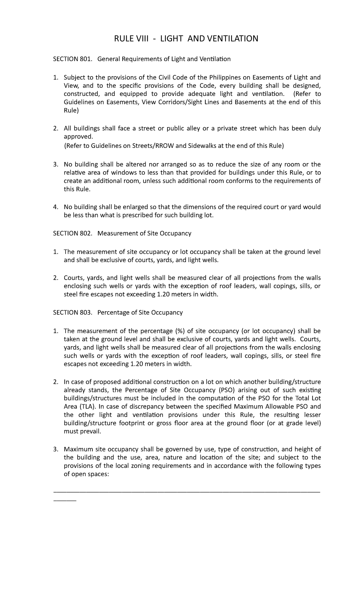 RULE VIII Light AND Ventilation RULE VIII LIGHT AND VENTILATION