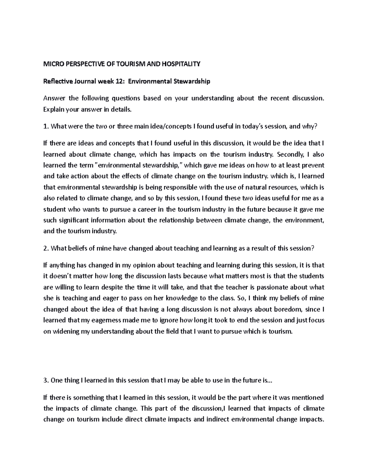 Micro perspective of tourism and hospitality environmental stewardship ...