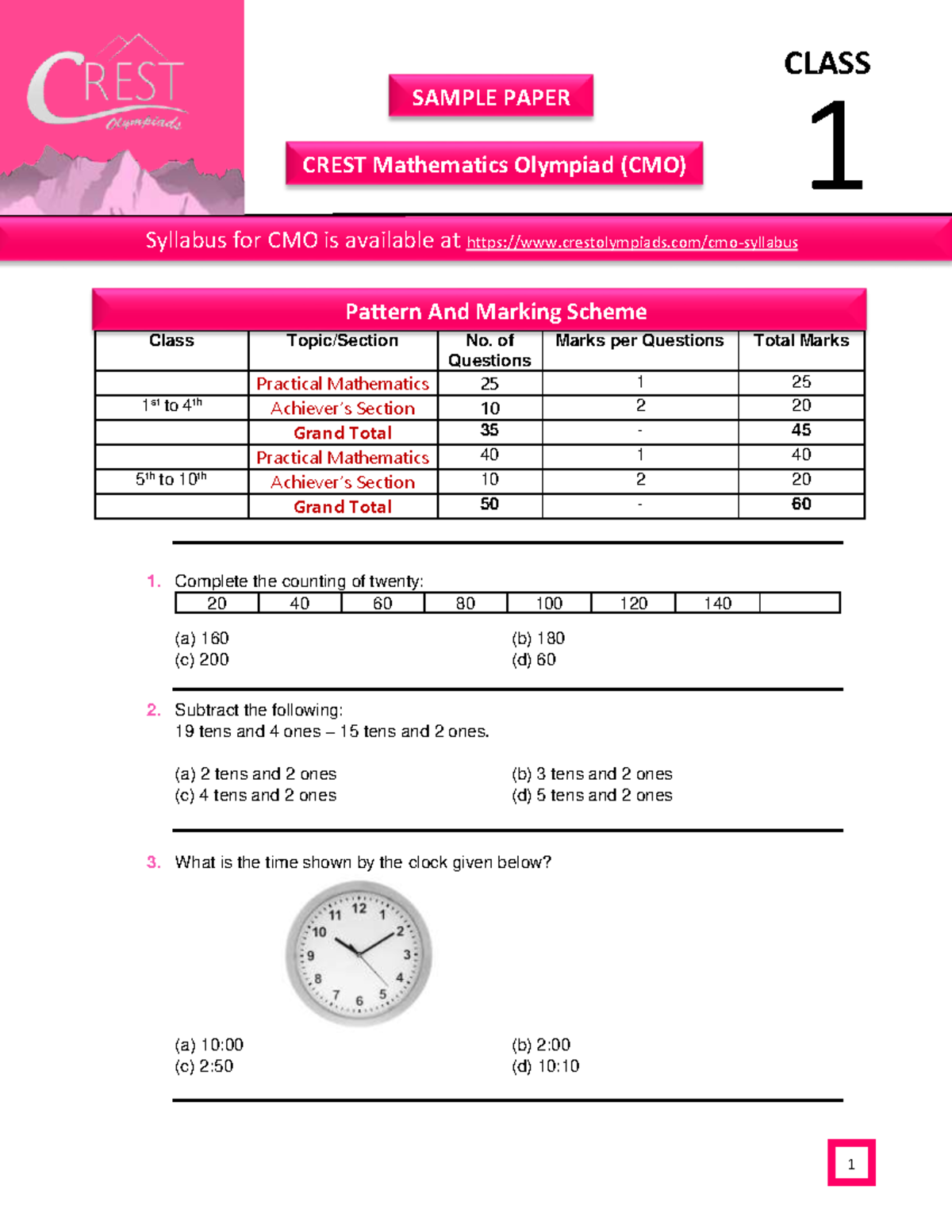 CMO Sample Papers for Class 1 - CLASS 1 SAMPLE PAPER CREST Mathematics ...