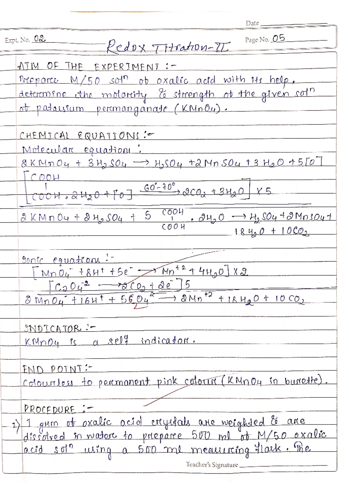 Chem experiment 2 xzczxc Date Expt. No. 02 Page No. 05 Redox ATM
