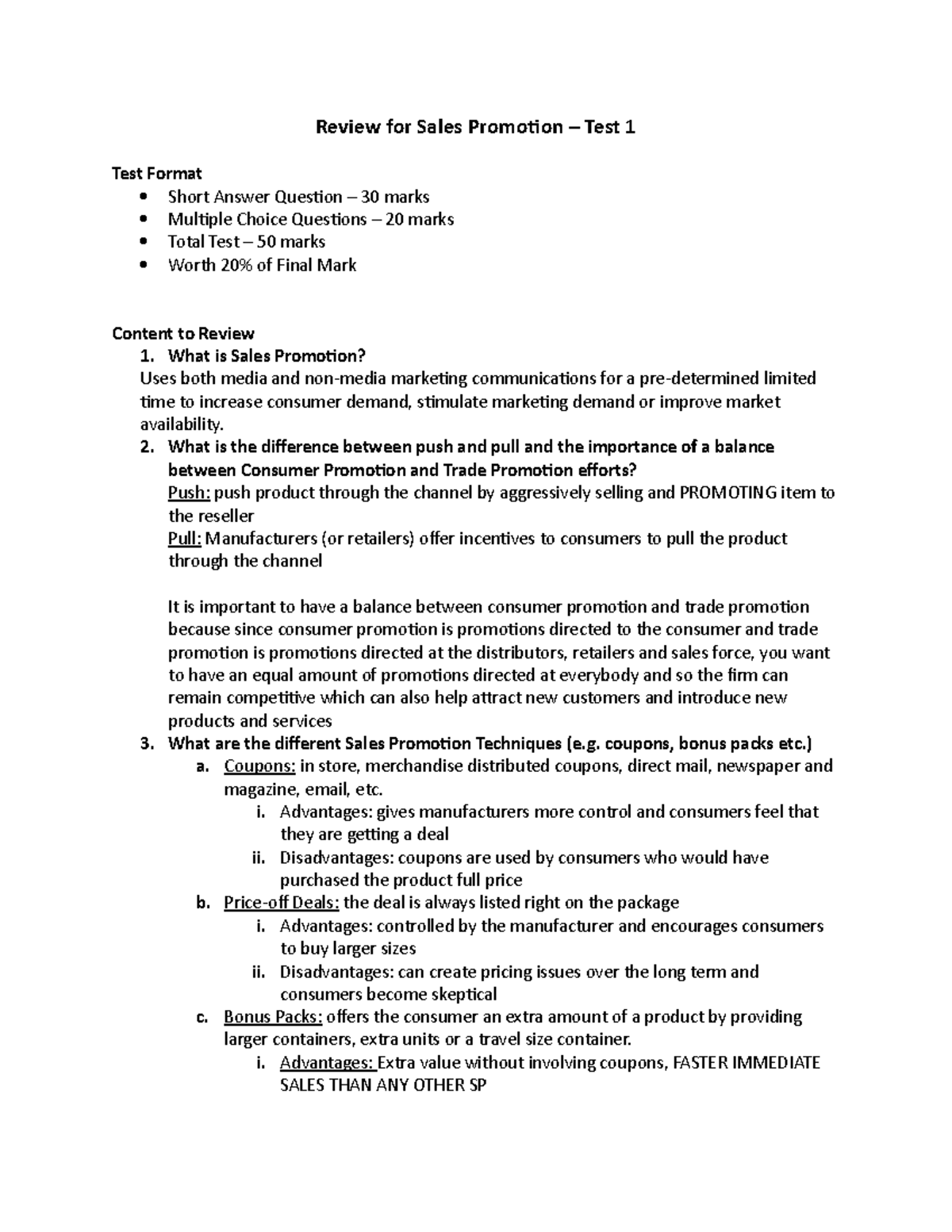 Test 1 11 October 2019, questions and answers - Review for Sales ...