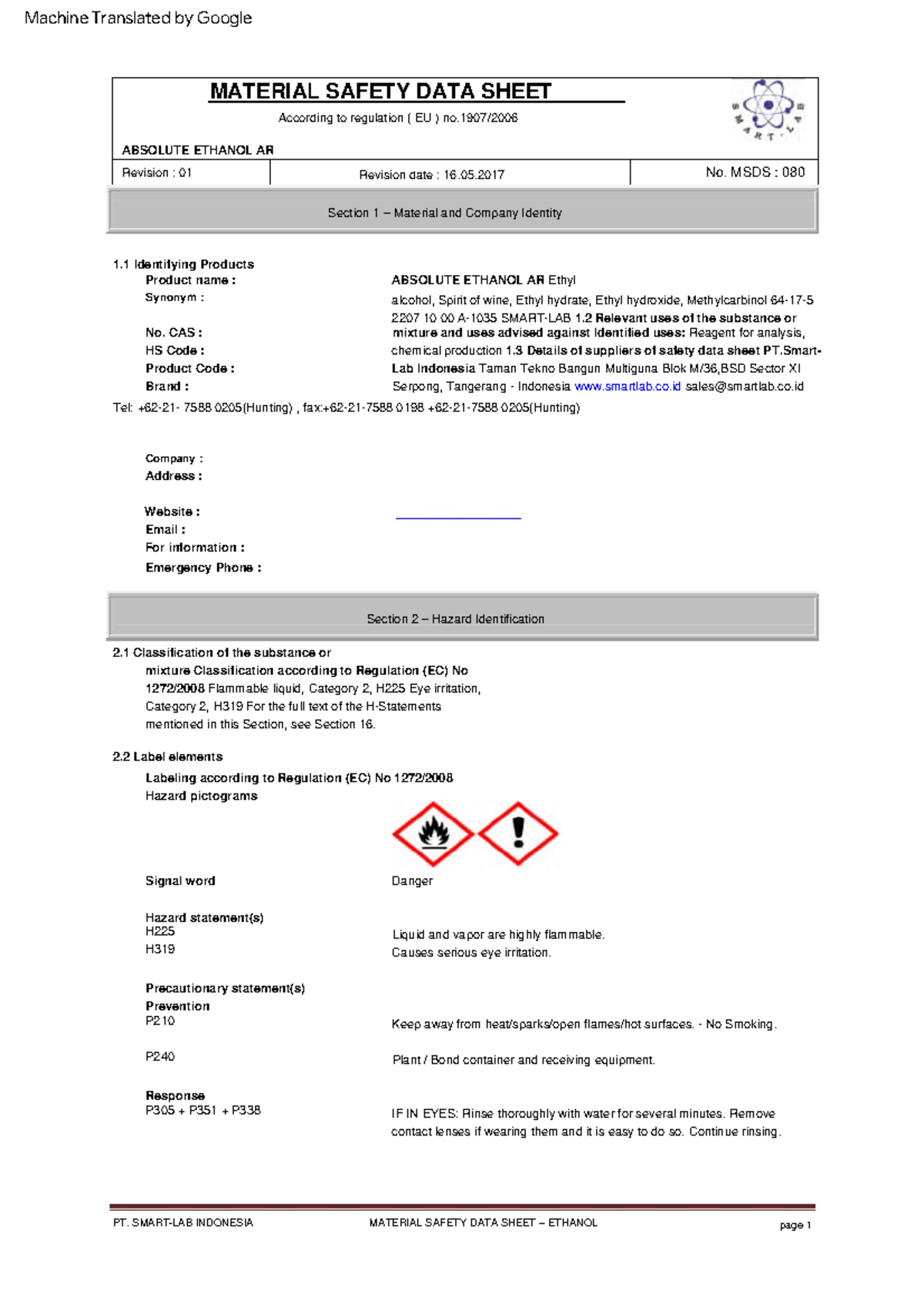 Ethanol Coshh Data Sheet Safety Data Sheet Ethanol DOEURY