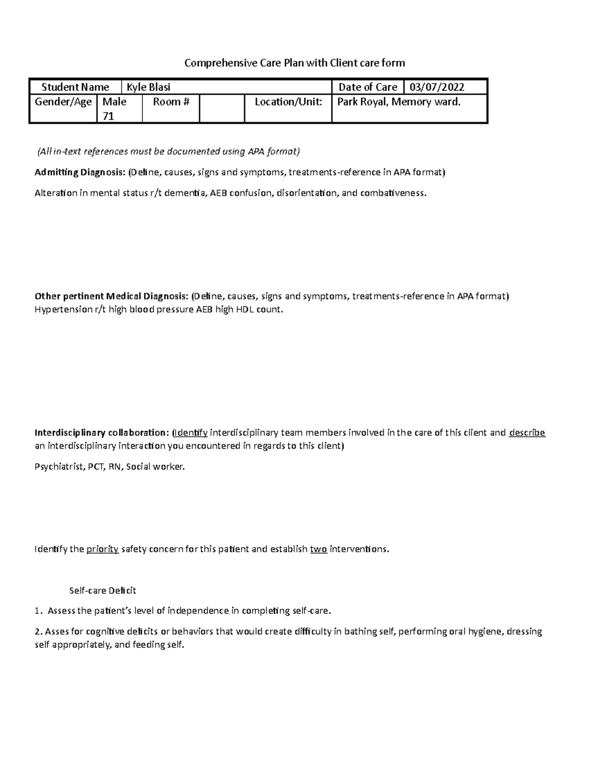 Care Plan Mental Health Medical Surgical Comprehensive Care Plan With 