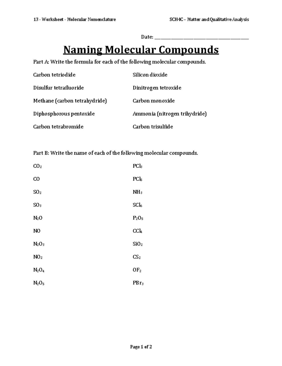 13 - Worksheet - Molecular Nomenclature - Carbon tetriodide Silicon ...