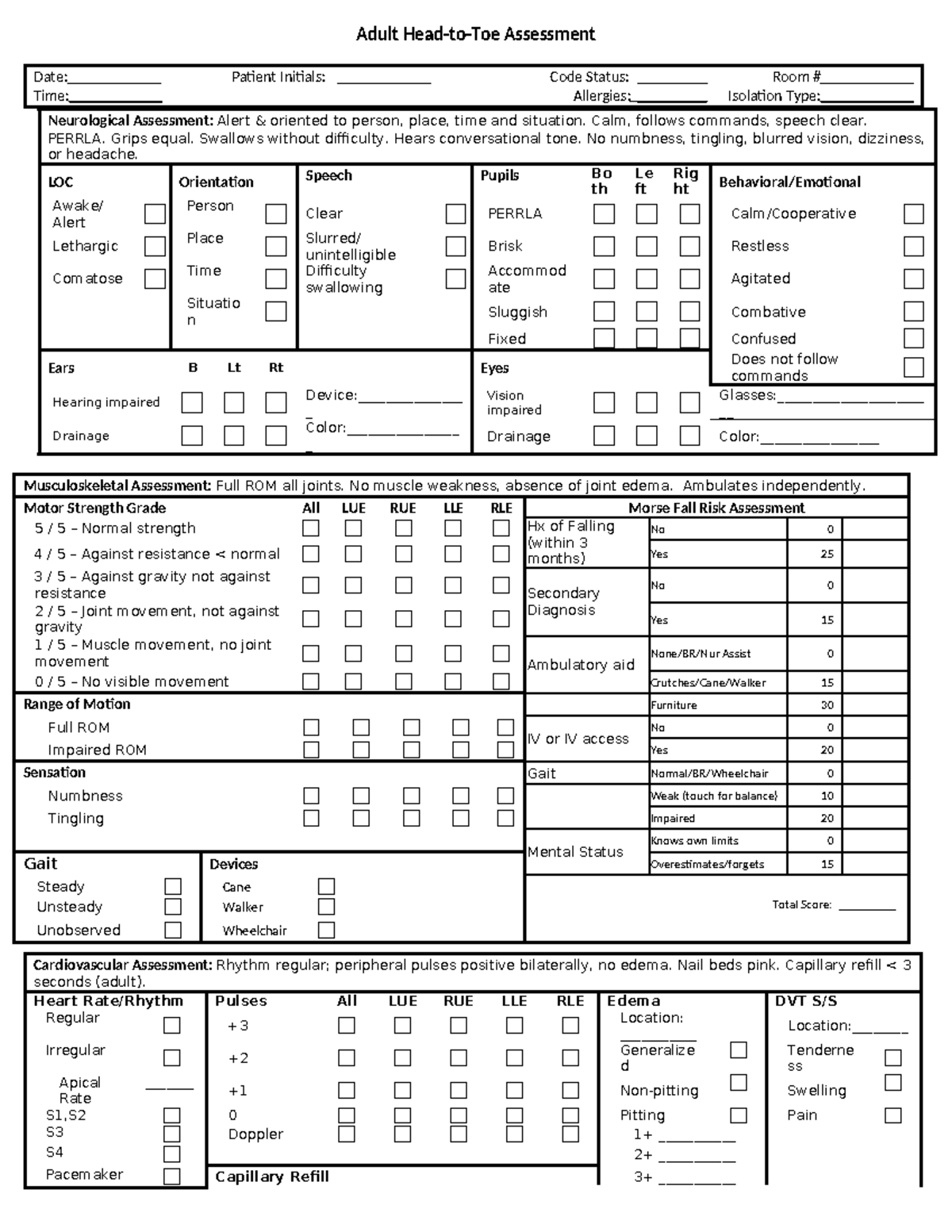 Head to Toe Assessment Document - Adult Head-to-Toe Assessment Date ...