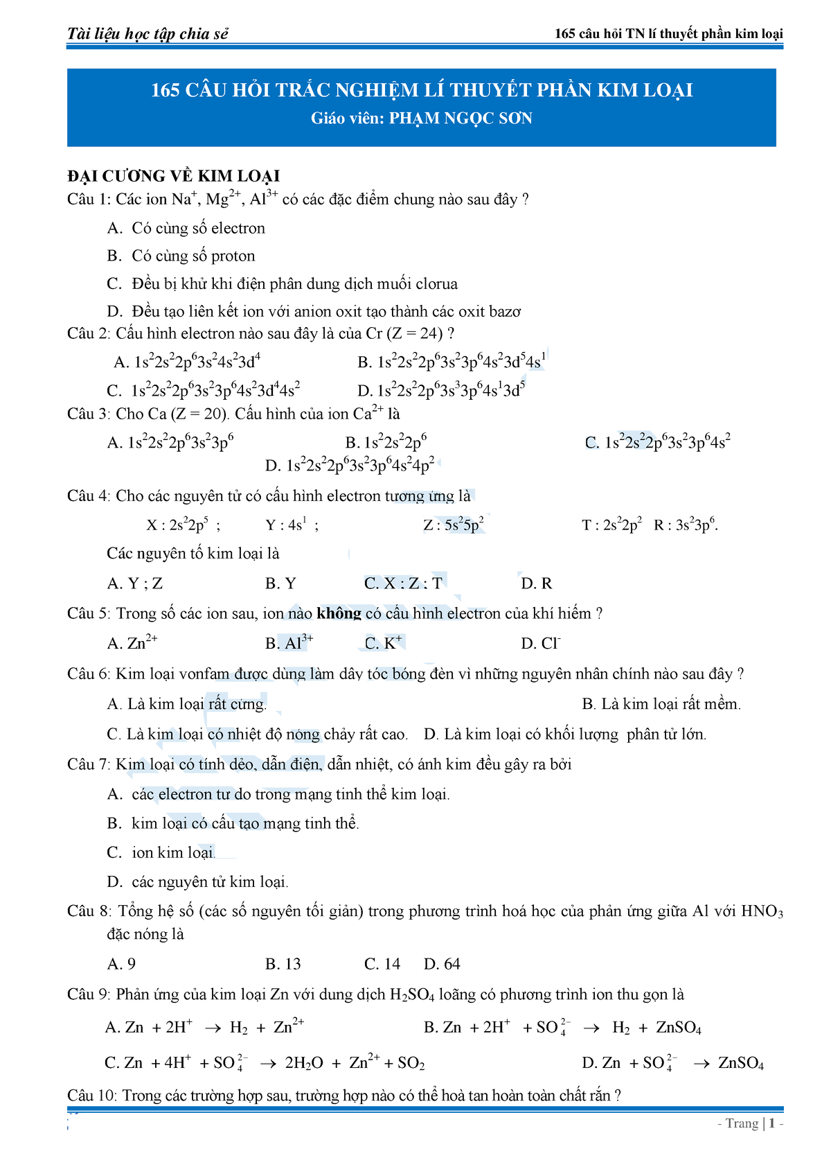 165 Câu H I Tr C Nghi M Lư Thuy T Ph N Kim Lo I - Đ¾I C£¡NG VÀ KIM LO¾I ...