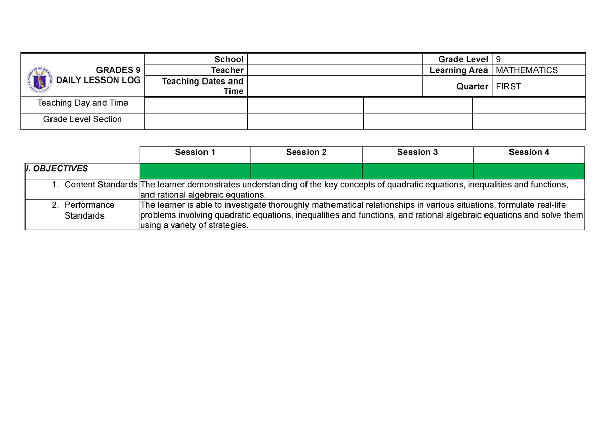 DLL-WK 1-LC 1 - MATH Grade 10 DLL - GRADES 9 DAILY LESSON LOG School ...