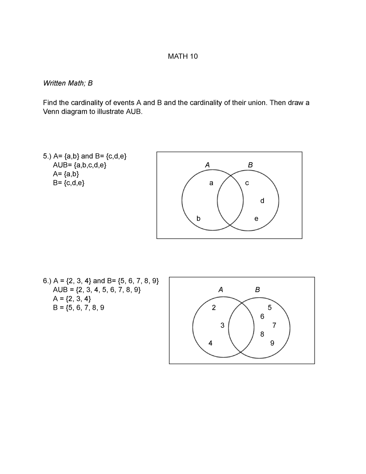 Math #2 Assignment - MATH 10 Written Math; B Find The Cardinality Of ...