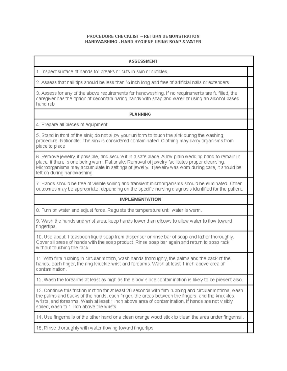 Checklist- Retdem - none - PROCEDURE CHECKLIST – RETURN DEMONSTRATION ...