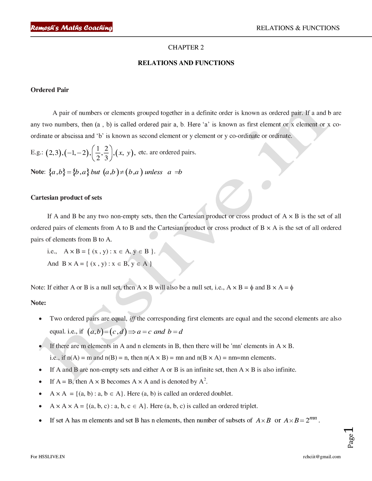 Relations And Functions Study Material - ####### Page 1 CHAPTER 2 ...