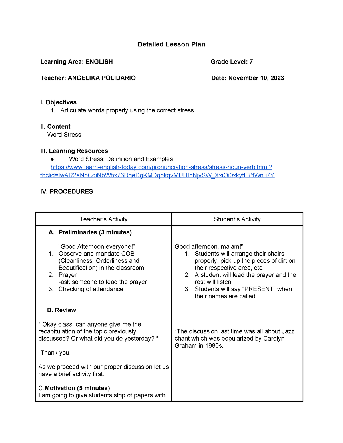 Mlq Detailed Lesson Plan English 7 Detailed Lesson Plan Learning Area