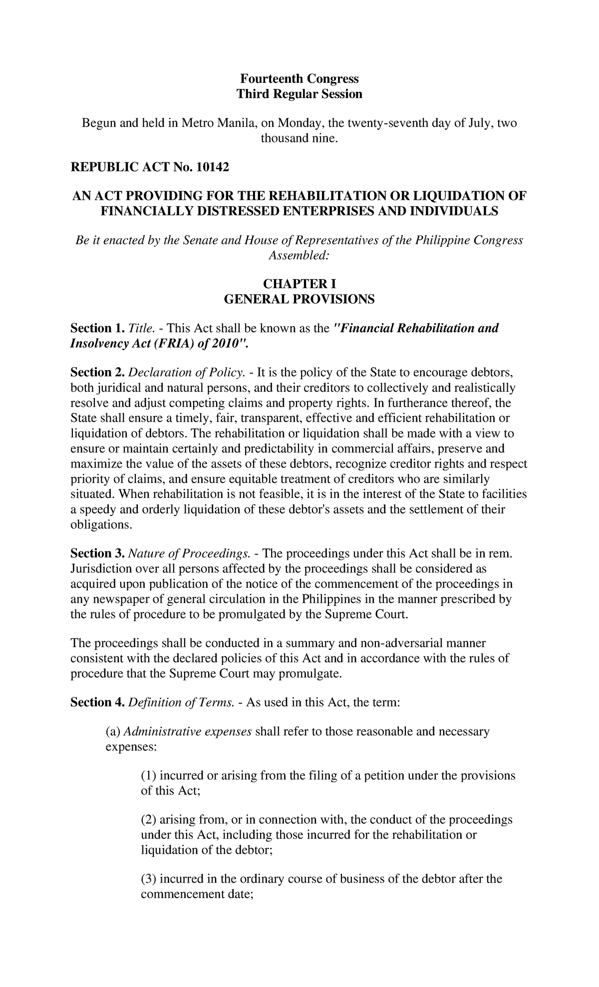 Ra10142-FRIA LAW - Lecture notes 2 - Fourteenth Congress Third Regular ...