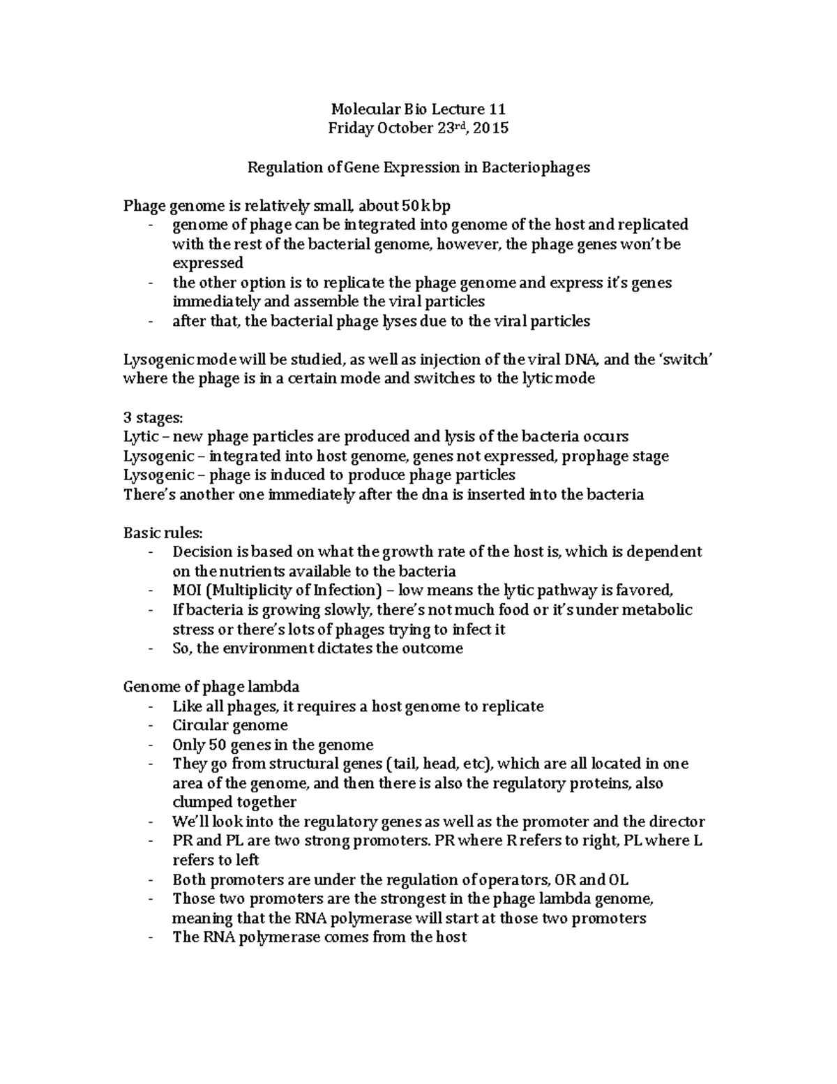Lecture notes - Lecture 11 - Lecture 13 Molecular Bio - Molecular Bio ...