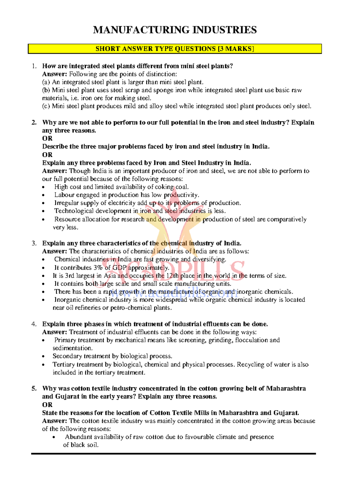 Manufacturing Industries ﻿most important questions MANUFACTURING INDUSTRIES SHORT ANSWER TYPE