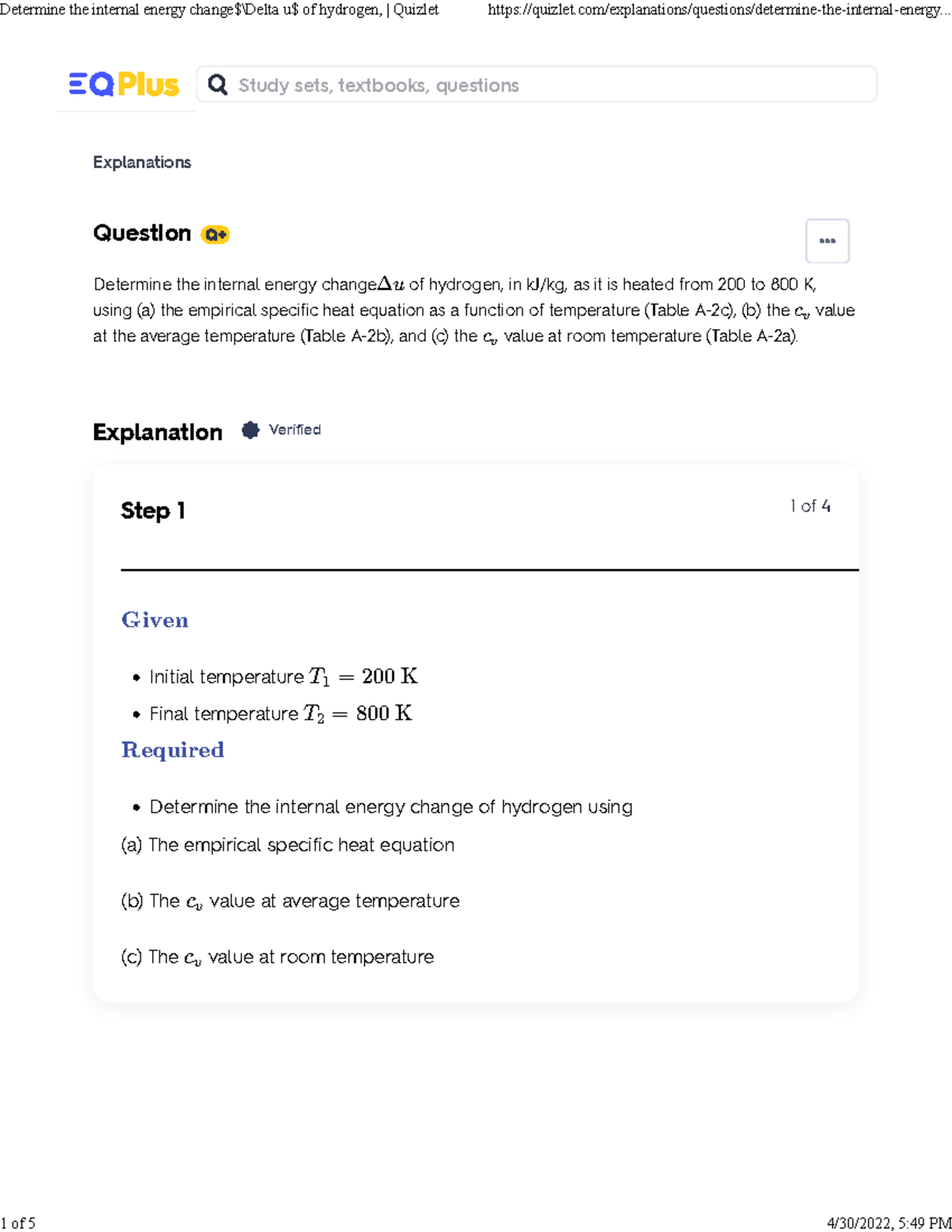 Determine the internal energy change Delta u of hydrogen, Quizlet Question Explanations