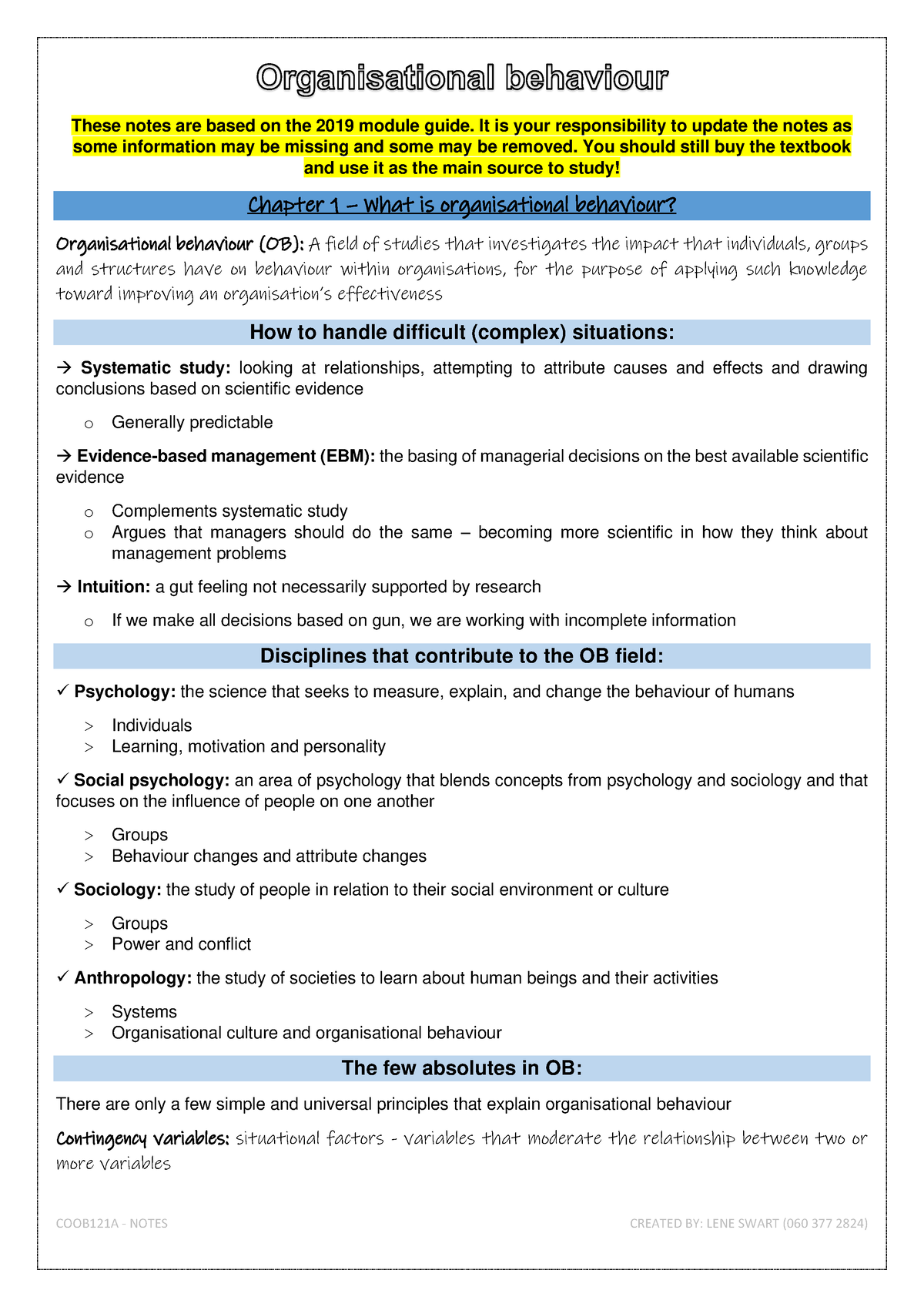 Organisational Behaviour - Notes - These Notes Are Based On The 2019 ...