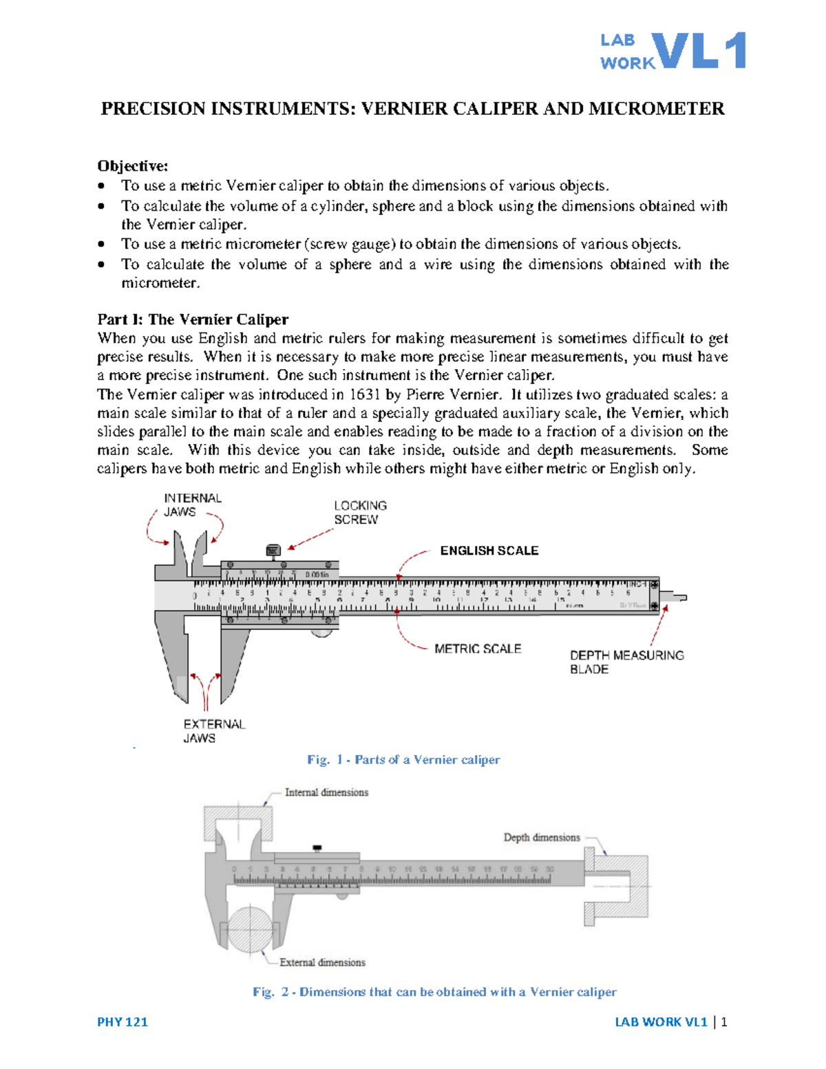 PHY121Spring 2021VL01Calipers - PHY 121 LAB WORK VL 1 | 1 LAB WORK VL 1 ...