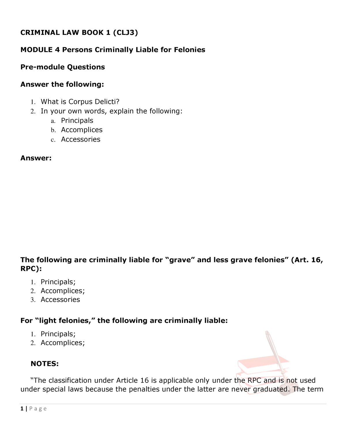 Module 4 Criminal LAW BOOK 1 - CRIMINAL LAW BOOK 1 (CLJ3) MODULE 4 ...