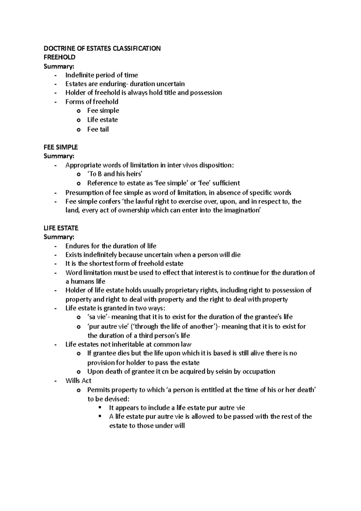 Doctrine Of Estates Summary - Doctrine Of Estates Classification 