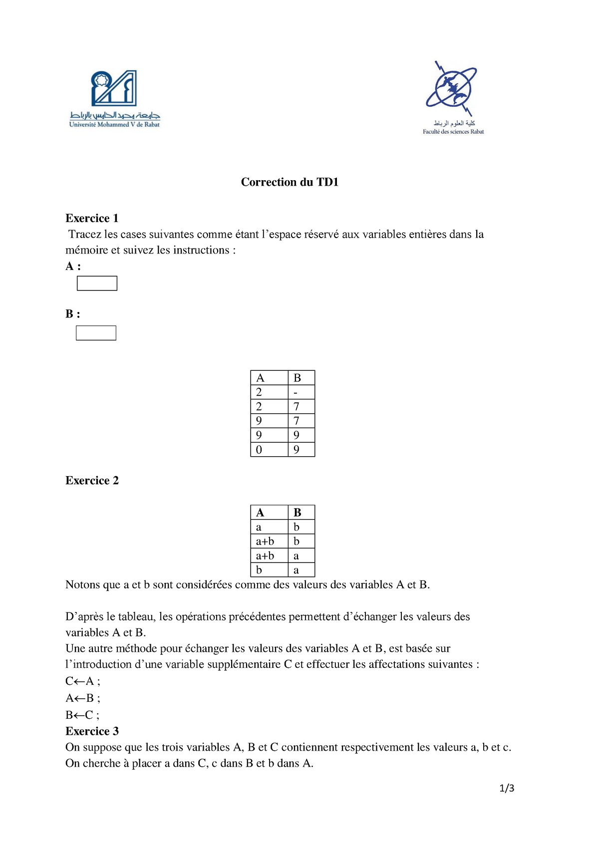 Corrige TD 1 - 1/ Correction Du TD Exercice 1 Tracez Les Cases ...