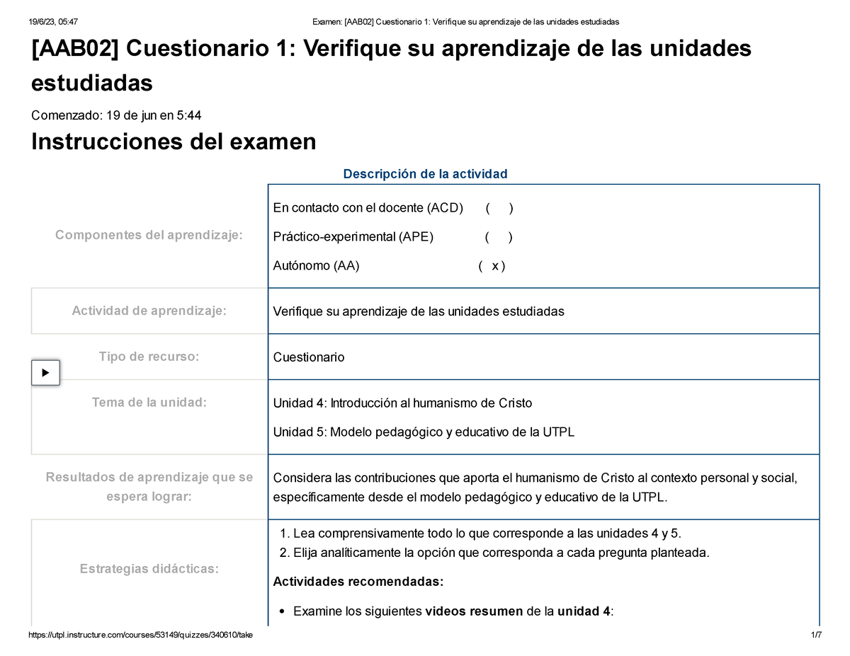 Examen [AAB02] Cuestionario 1 Verifique Su Aprendizaje De Las Unidades ...