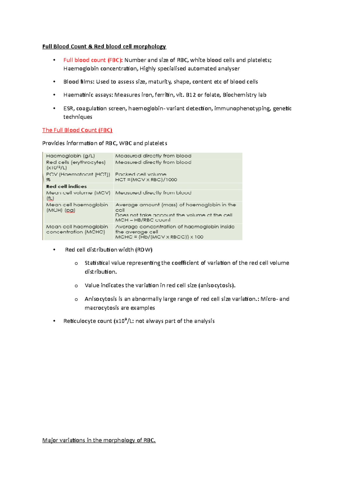 2 - HAEMOSTASIS - Full Blood Count & Red blood cell morphology - Full ...