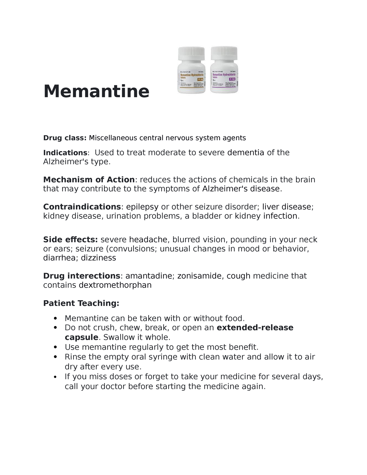 Memantine Meds Memantine Drug Class Miscellaneous Central Nervous System Agents Indications 6709