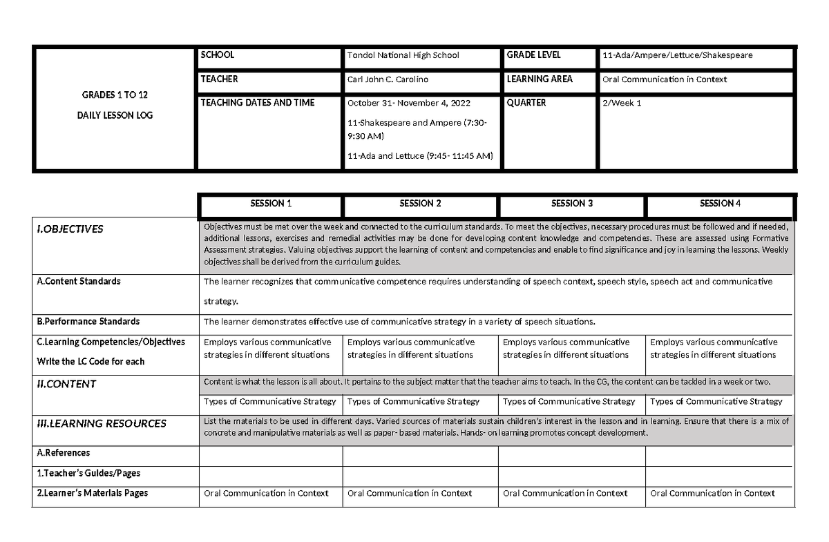OC Q2 W1 - DLL in Oral Communication - GRADES 1 TO 12 DAILY LESSON LOG ...