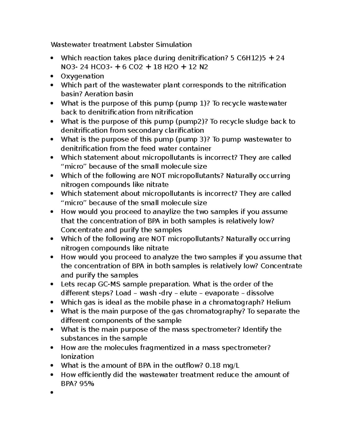 Wastewater Treatment Labster simulation What is the order of the