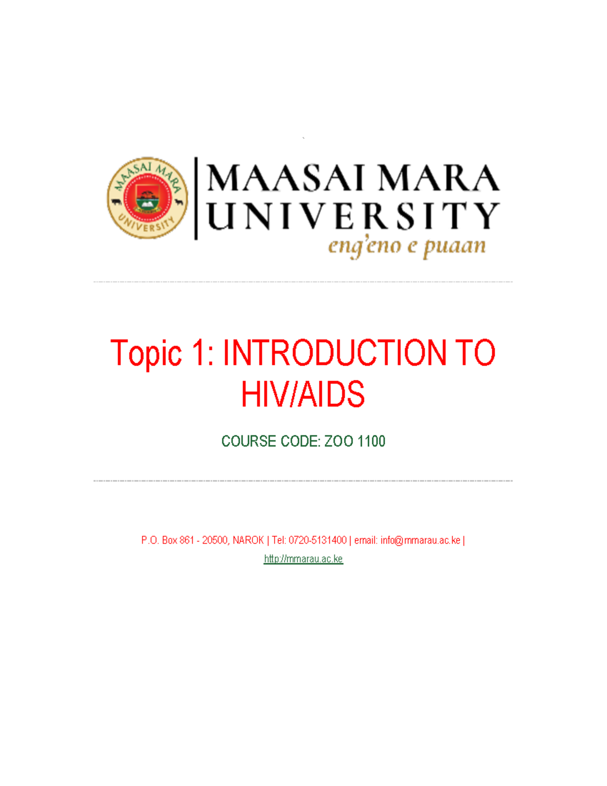 ZOO 1100 Lecture Notes Week 1 Introduction to HIV AIDS - ` Topic 1 ...