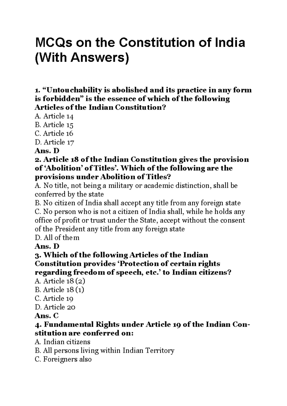 MCQs Constitution - Law - MCQs On The Constitution Of India (With ...