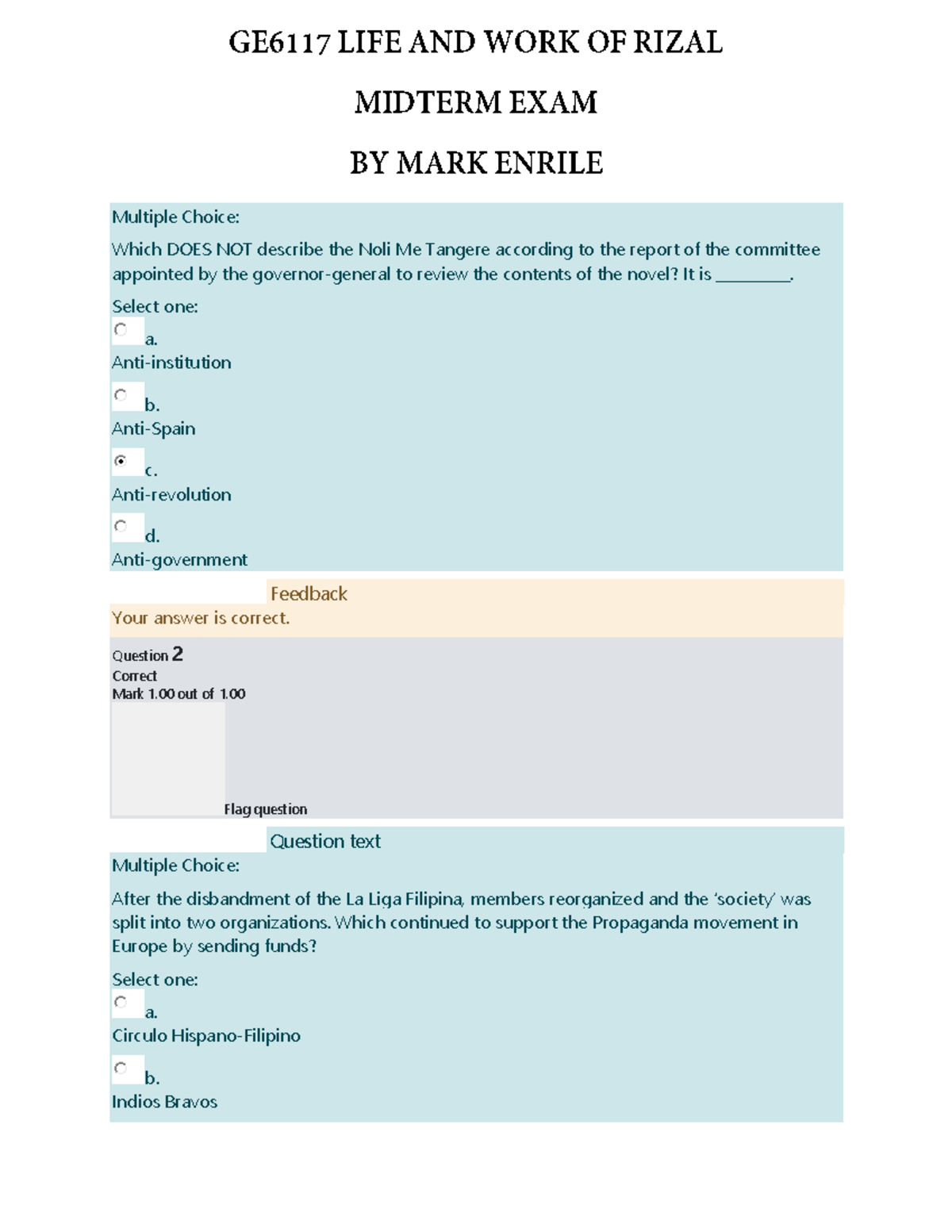 Midterm EXAM GE6117 LIFE AND WORK OF Rizal - Multiple Choice: Which ...