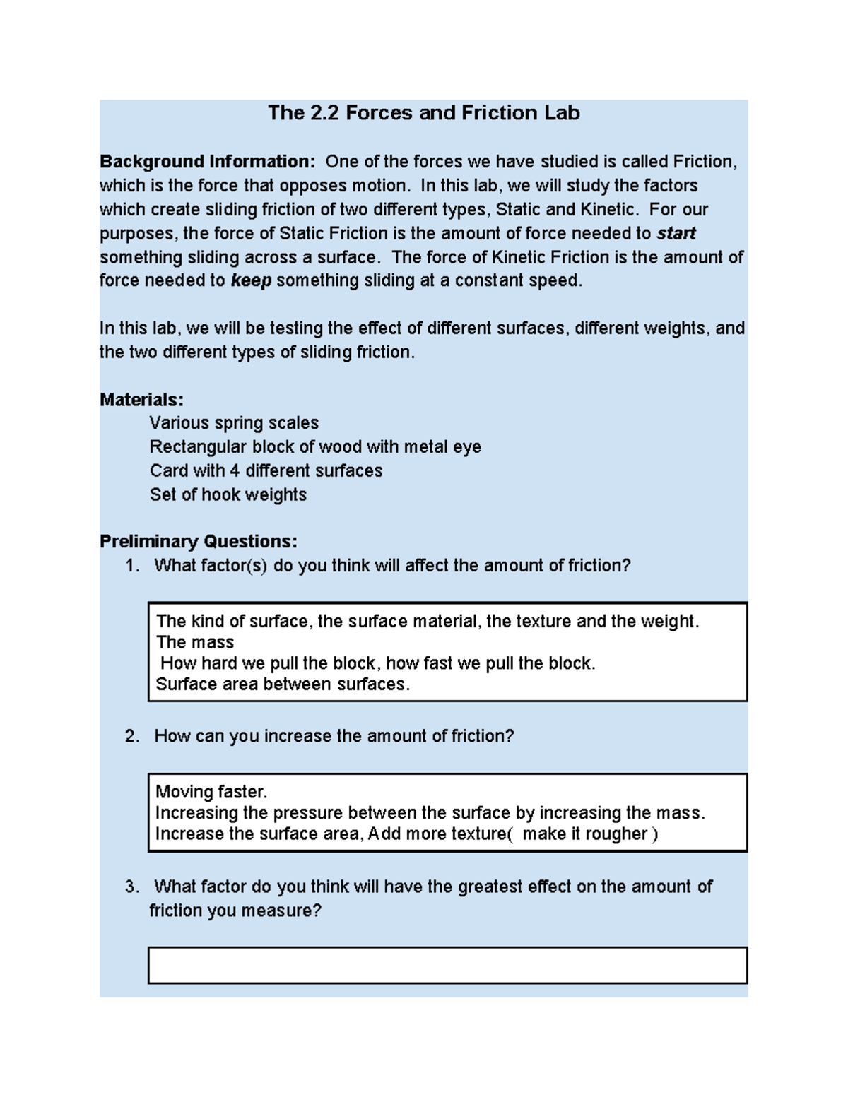 Copy of 2.2 Forces and Friction Lab - The 2 Forces and Friction Lab ...