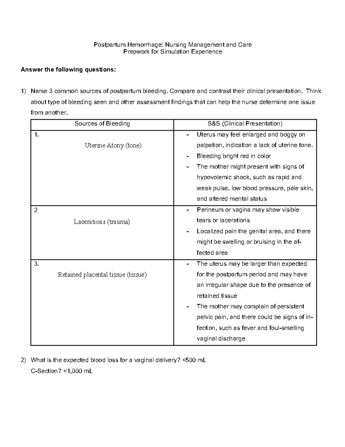 Lavender Postpartum Hemorrhage Simulation Prepwork - Postpartum ...