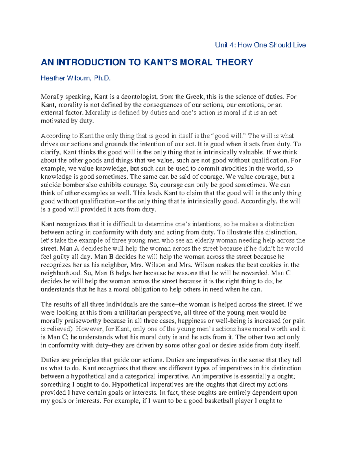 (AN Introduction TO KANT’S Moral Theory, Heather Wilburn) - Unit 4: How ...