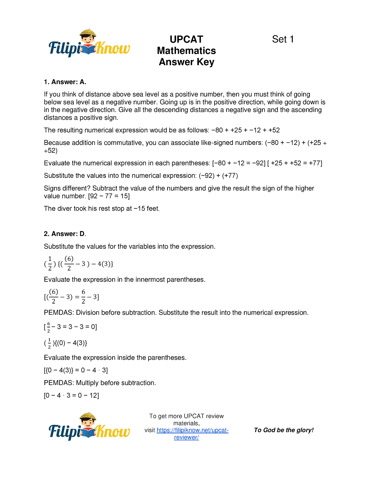 Upcat Mathematics Answer Keys Set 1 - UPCAT Mathematics Answer Key To ...