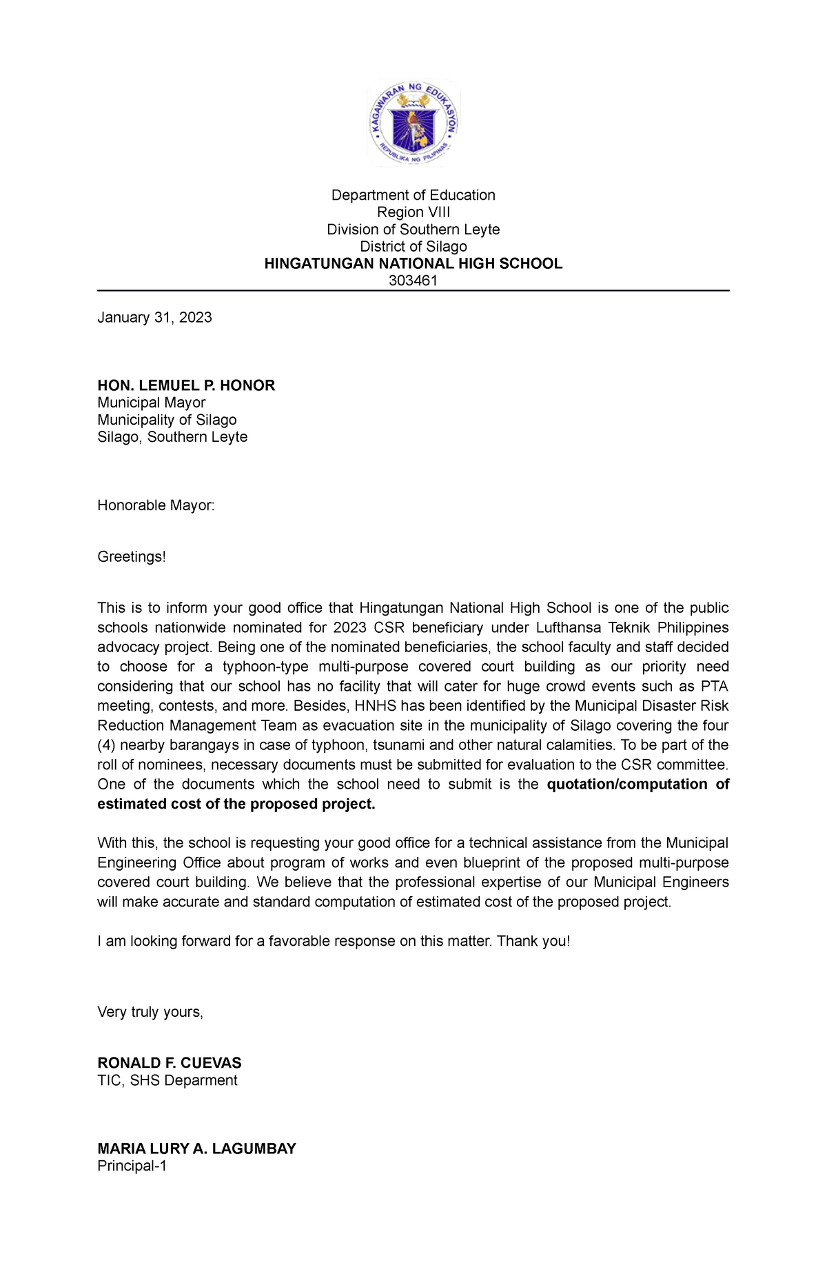 Letter TO Mayor - .related documents - Department of Education Region ...