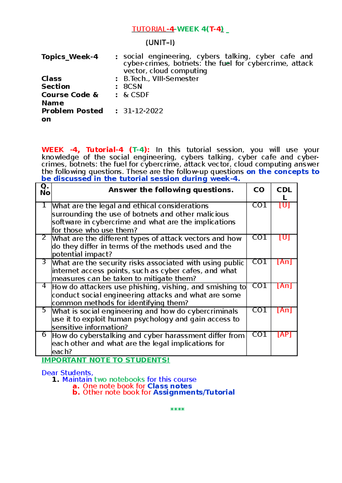 Cse t4 - Gxhxbxhxh - TUTORIAL-4-WEEK 4(T-4) (UNIT–I) Topics_Week-4 ...