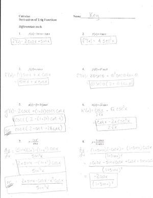 Der of Trig Functions Key - Calculus: Derivatives Derivatives of Trig ...