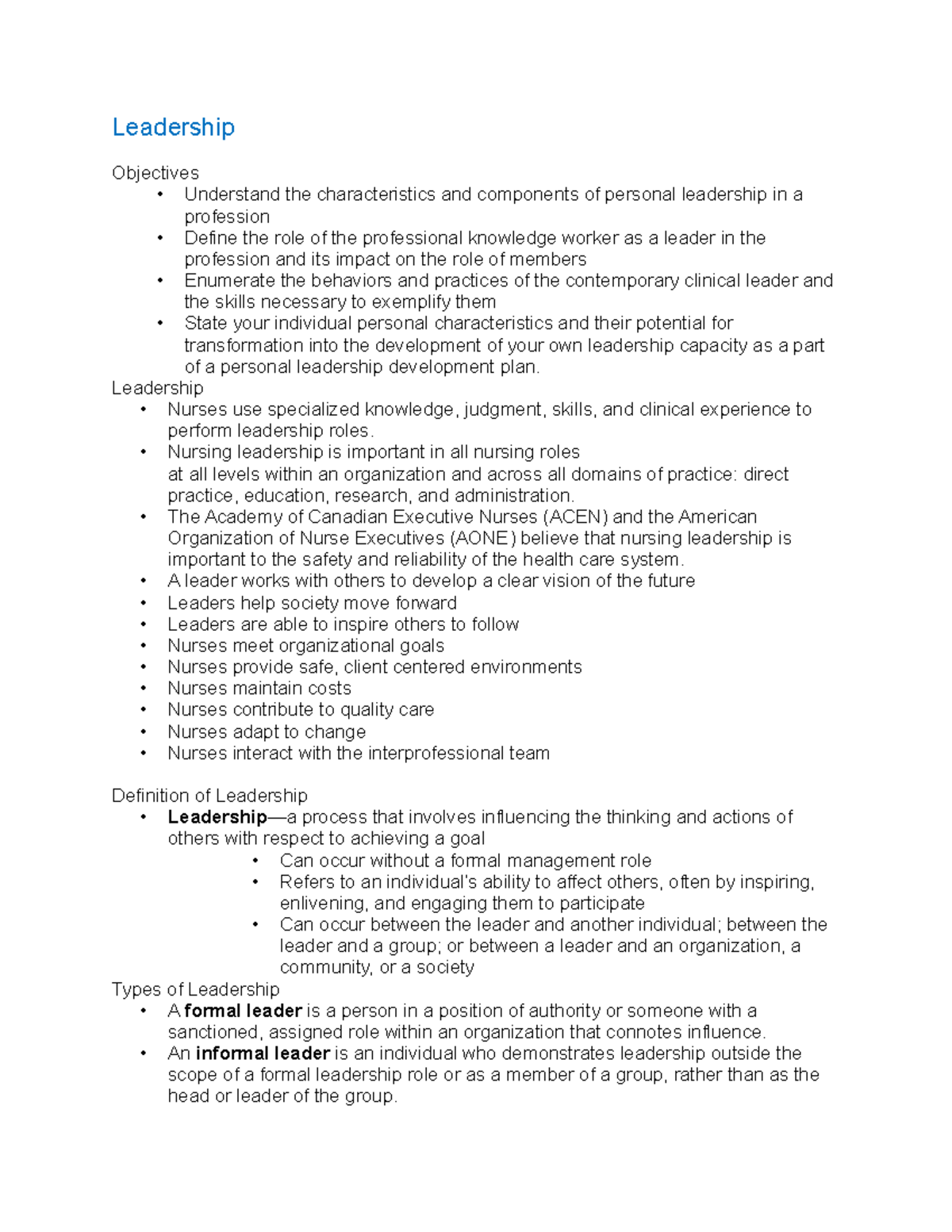 Leadership - lecture notes - Leadership Objectives - Understand the ...