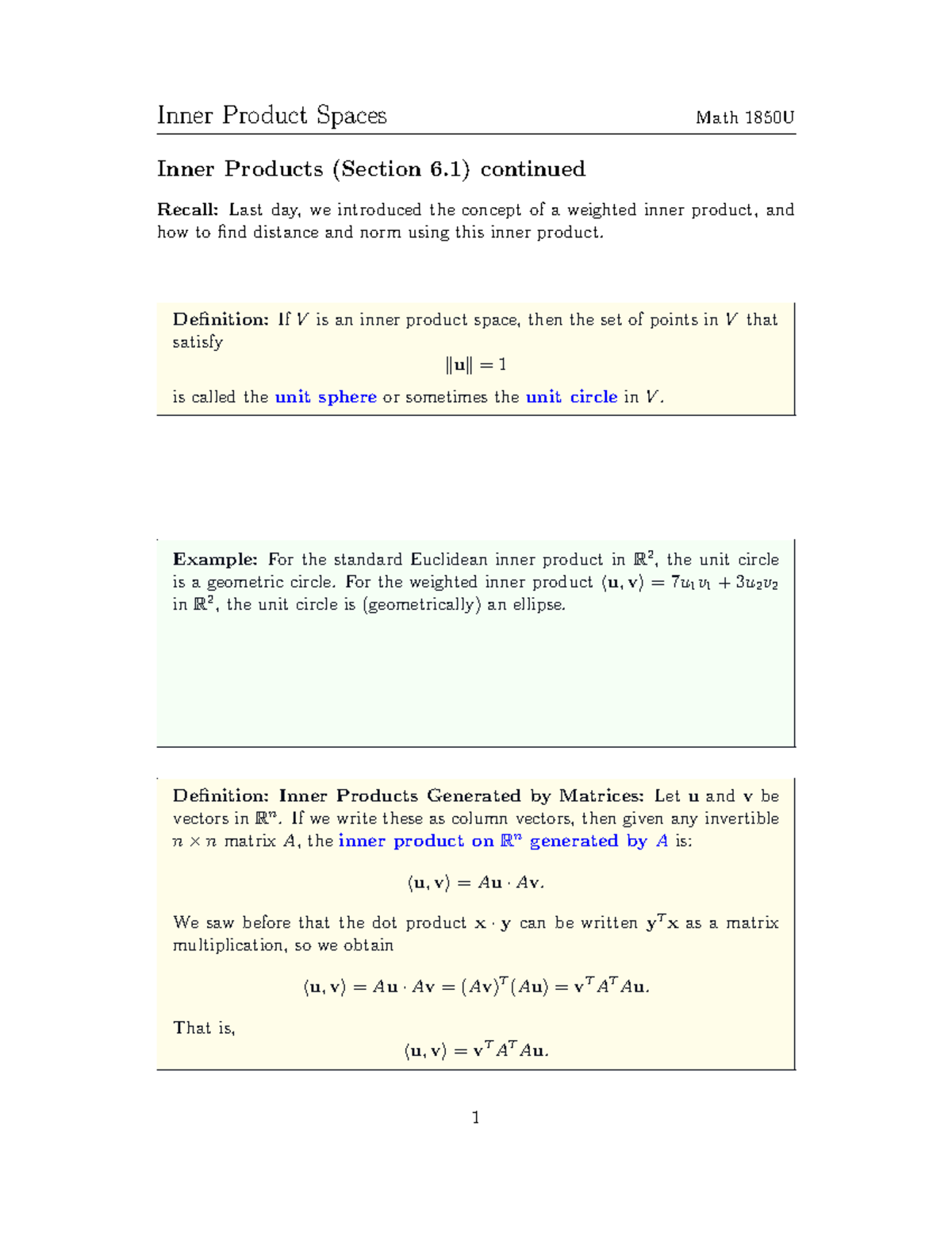 1850 Lecture 21 - Notes - Inner Product Spaces Math 1850U Inner ...