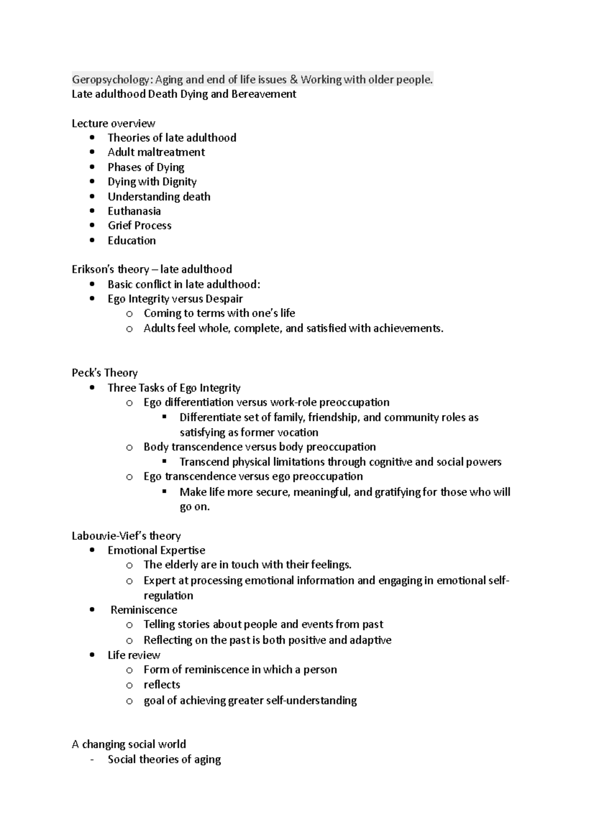 Module 14 lecture notes - Geropsychology: Aging and end of life issues ...