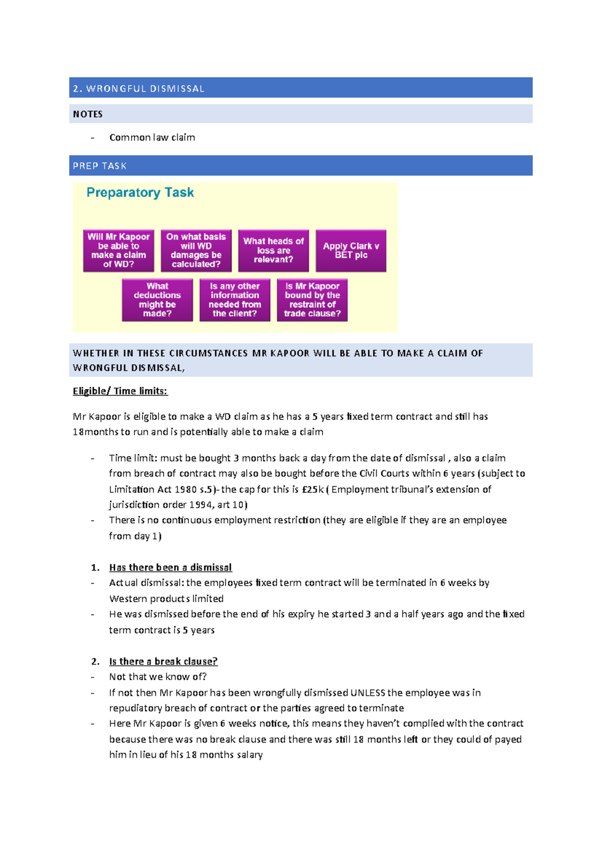 2. Wrongful Dismissal - 2. WRONGFU L DISMISSAL NOTES - Common law claim ...