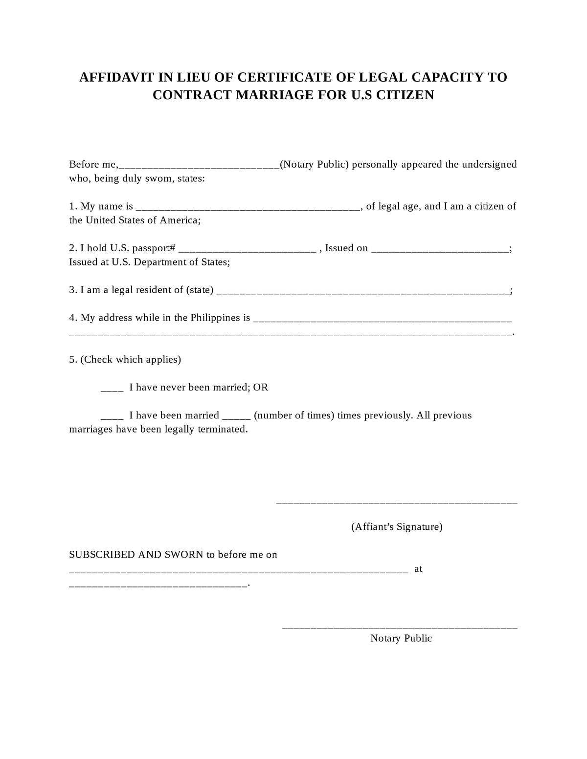 Affidavit Nited States Affidavit In Lieu Of Certificate Of Legal Capacity To Contract 0857