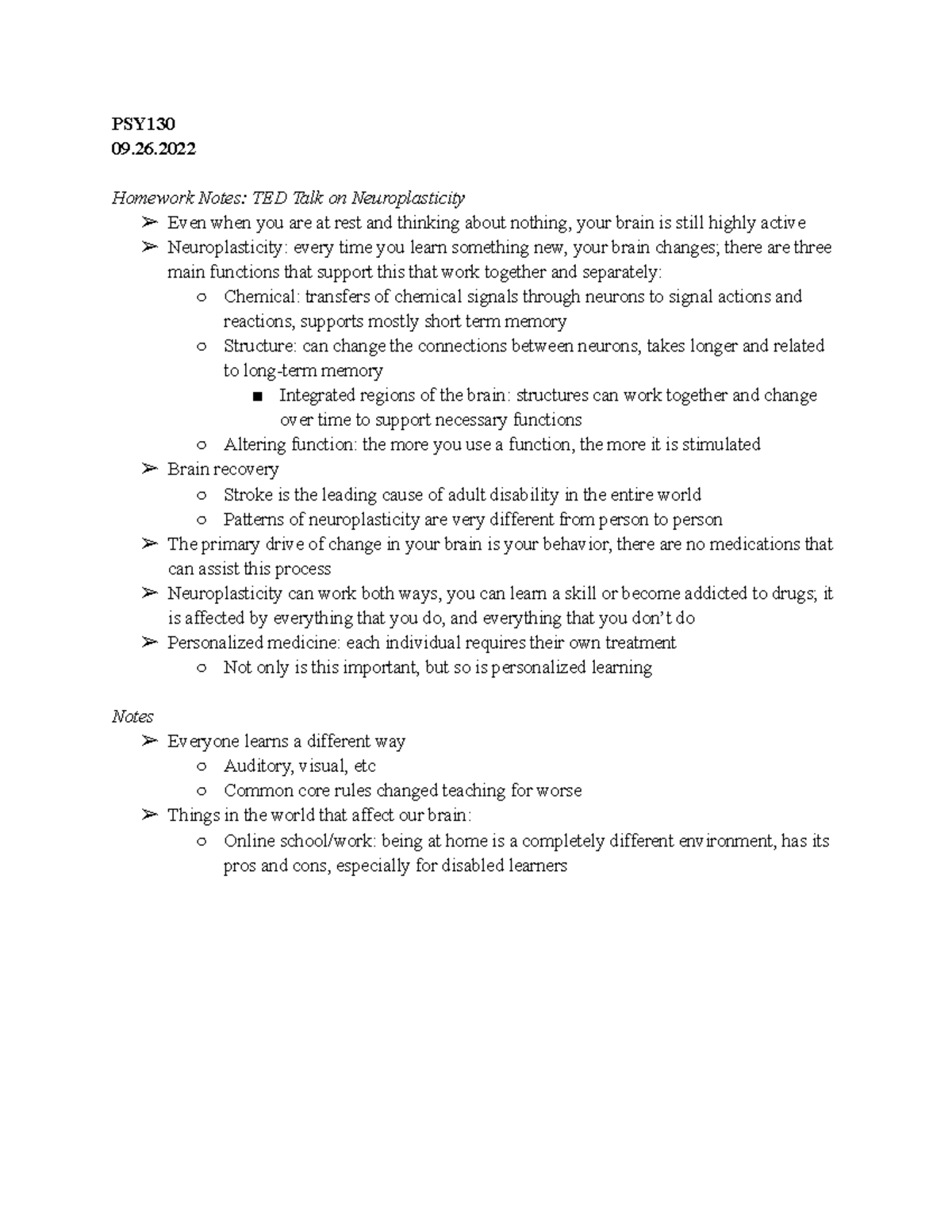 09.26.2022 Notes - PSY 09. Homework Notes: TED Talk on Neuroplasticity ...