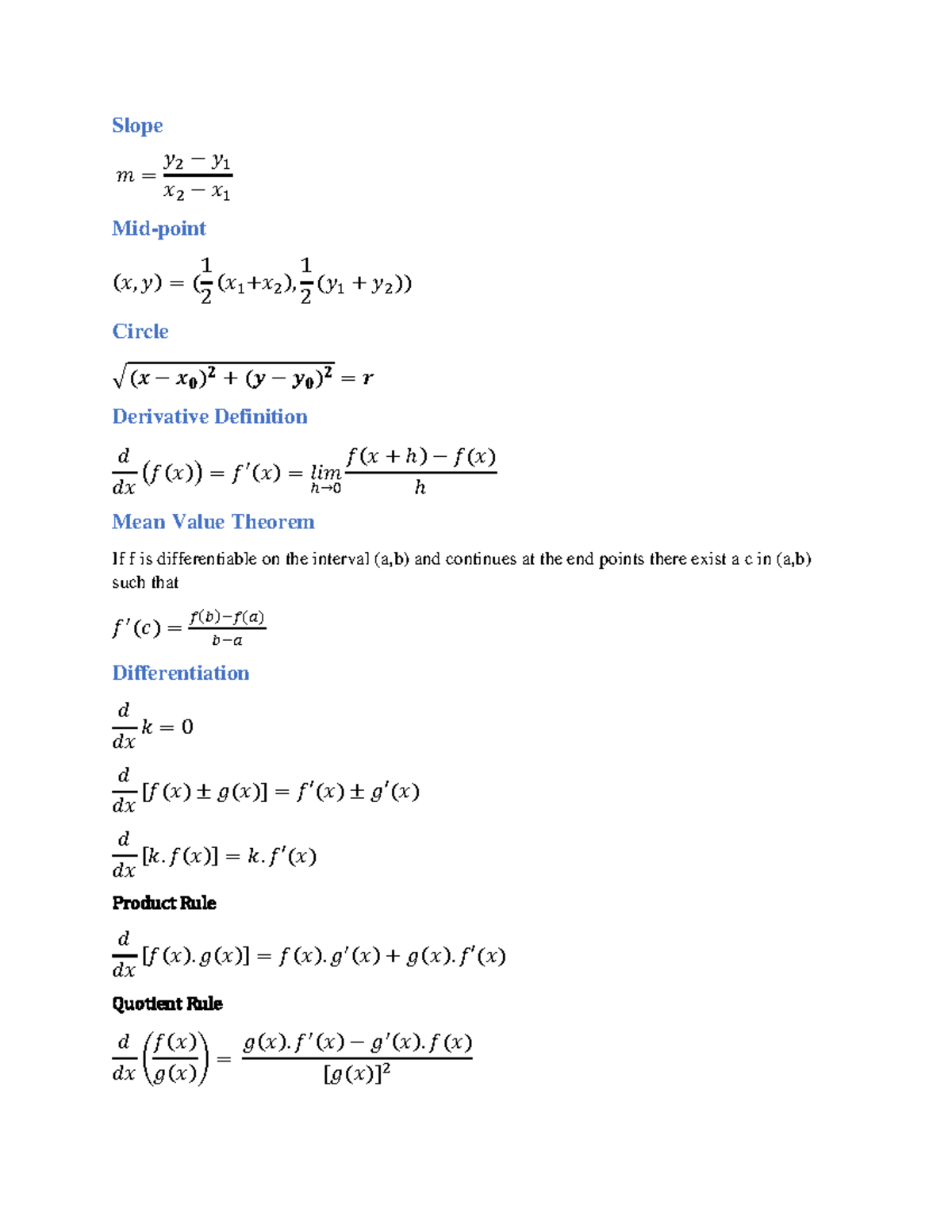 Bunch of formulas - Slope 𝑚 = 𝑦 2 − 𝑦 1 𝑥 2 − 𝑥 1 Mid-point ( 𝑥, 𝑦 ...