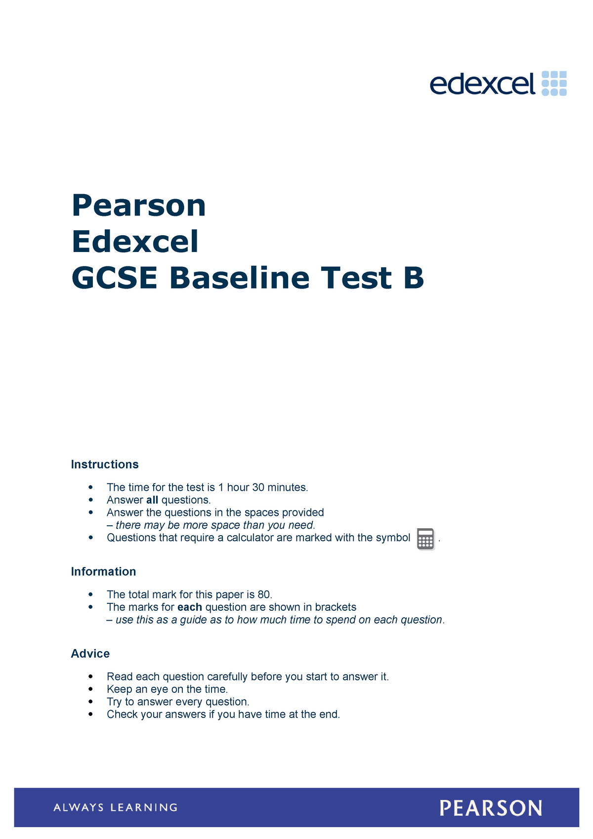 GCSE Maths Baseline Test B - Pearson Edexcel GCSE Baseline Test B ...