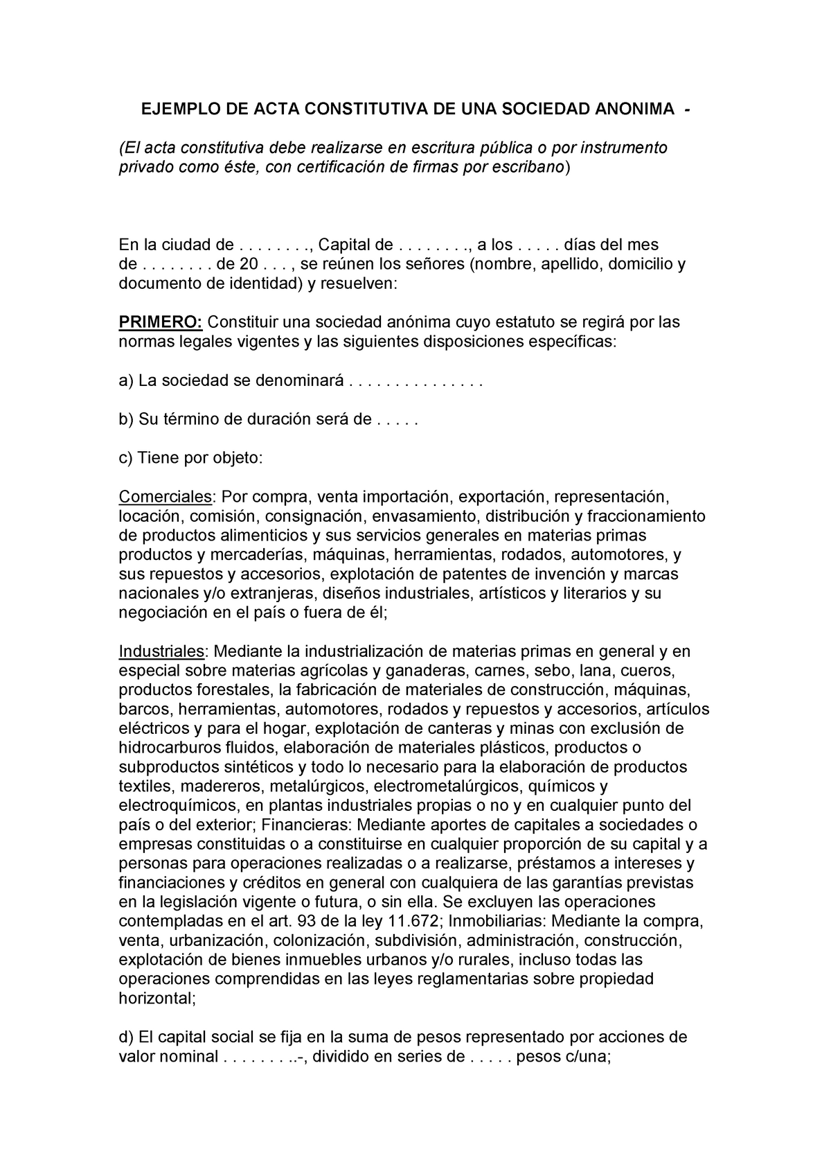 ACTA Constitutiva ( Sociedad Anomima) - EJEMPLO DE ACTA CONSTITUTIVA DE ...